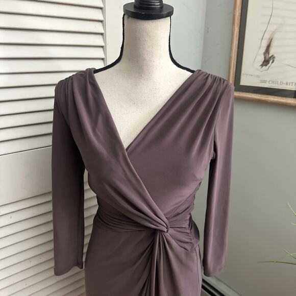 LAUREN RALPH LAUREN Dress Womens 2 Taupe Brown Faux Wrap Sheath Cocktail Evening - Picture 2 of 10